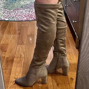 Smokey-taupe-gray thigh-high faux-suede boots, Size 6